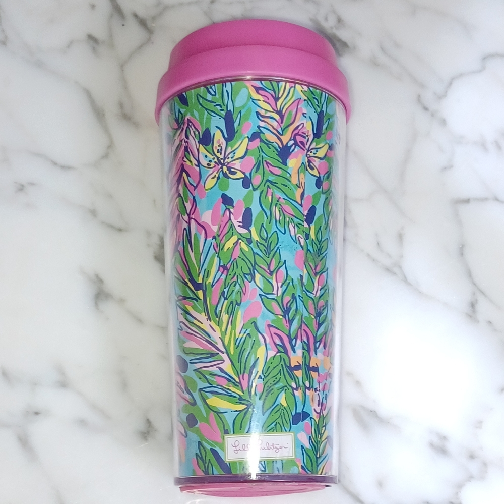 Lilly Pulitzer Hot Spot multi print Fall 2014 pink lid 16 oz Travel Cup copy
